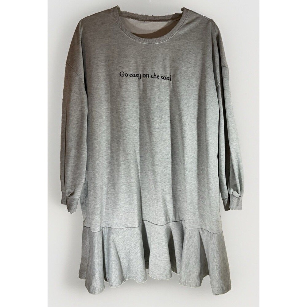Go Easy on the Soul Embroidered Ruffle Hem Sweatshirt Dress Grey Size 3X Cute